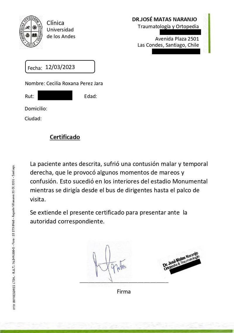 El certificado que acredita las lesiones que sufrió Cecilia Pérez.