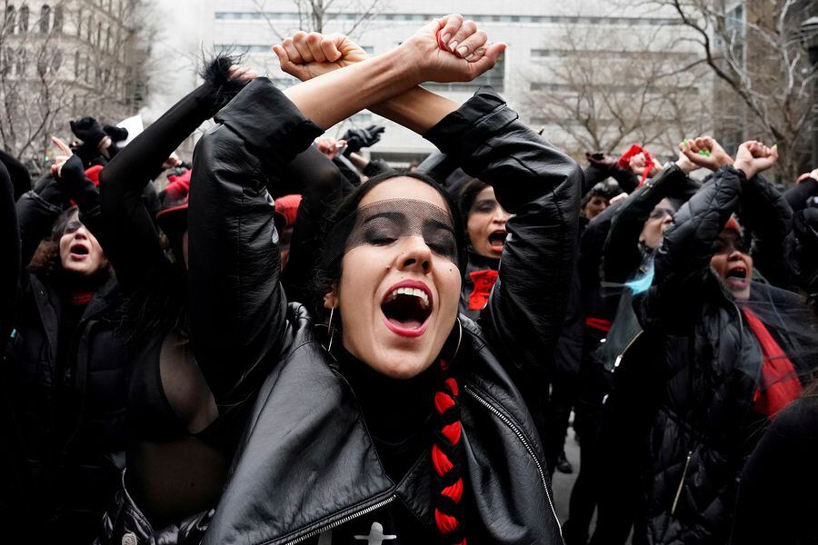 Women hold a protest across the street from the court where producer Harvey Weinstein's ongoing sexual assault trial is held in the Manhattan borough of New York City
