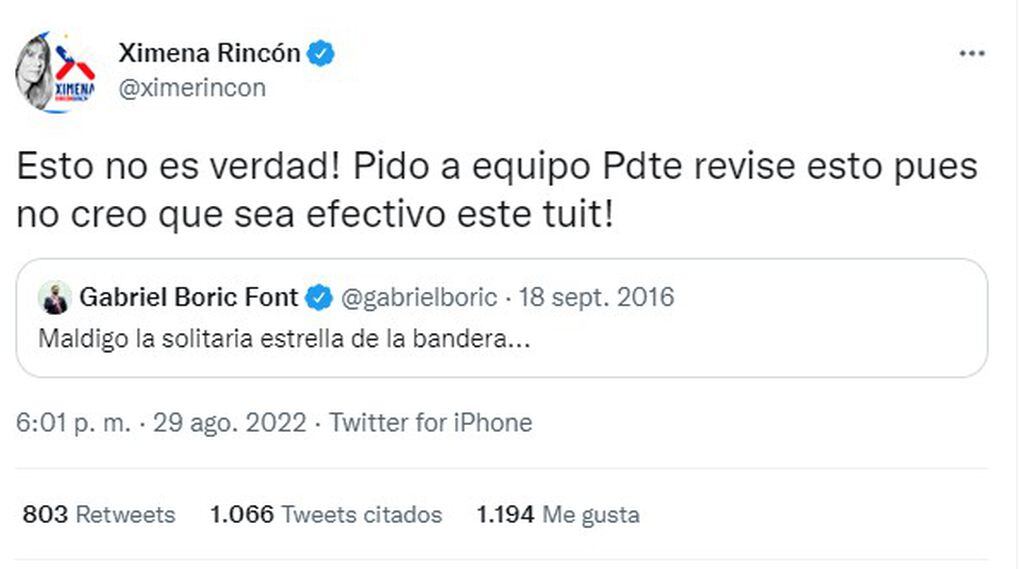 El tuit de la senadora Ximena Rincón en respuesta al Presidente Boric