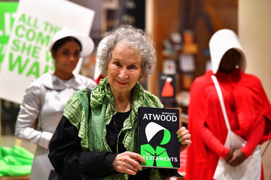 Author Margaret Atwood holds her new novel The Testaments during the launch at a book store in London, Britain