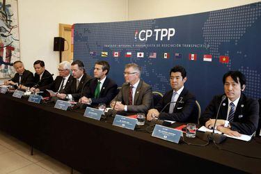 Representatives of the countries members of TPP trade deal, take part in a news conference at the Ministry of Foreign Affairs in Santiago