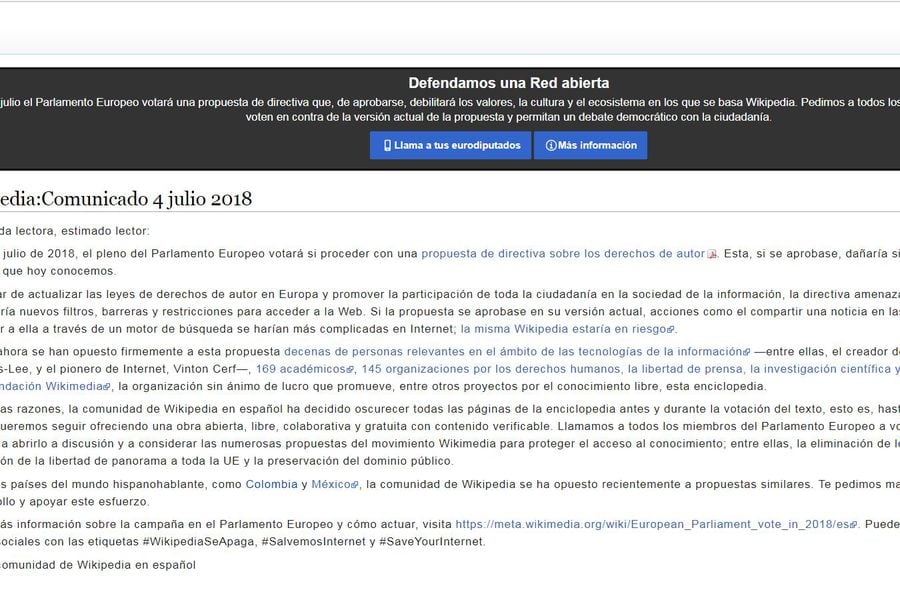 Enfermedad dramático horno Wikipedia cierra 36 horas en protesta por la nueva normativa europea de  derechos de autor - La Tercera