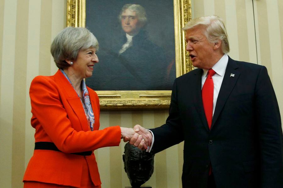 U.S. President Trump greets British Prime Minister May at the White House in Washington