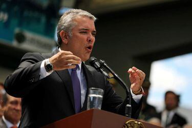 FILE PHOTO: Colombian President, Ivan Duque, speaks during a promotion ceremony at a military school in Bogota