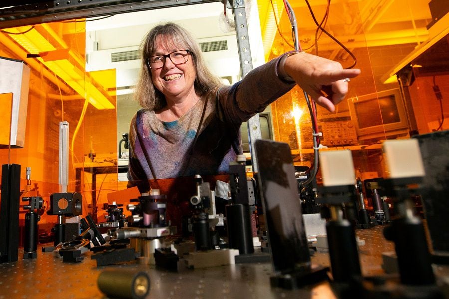 Donna Strickland, an associate professor at the University of Waterloo, is photographed in her lab following a news conference, after winning the Nobel Prize for Physics, at the university in Waterloo