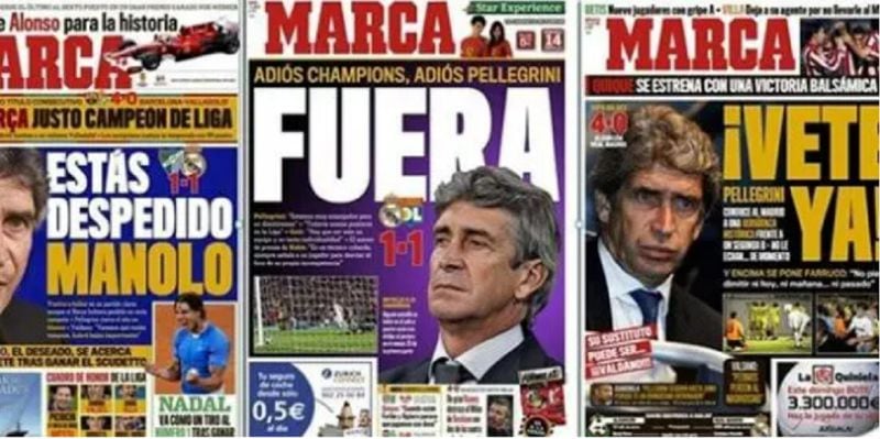 Las portadas de Marca contra Pellegrini, en la época en que dirigía al Real Madrid.