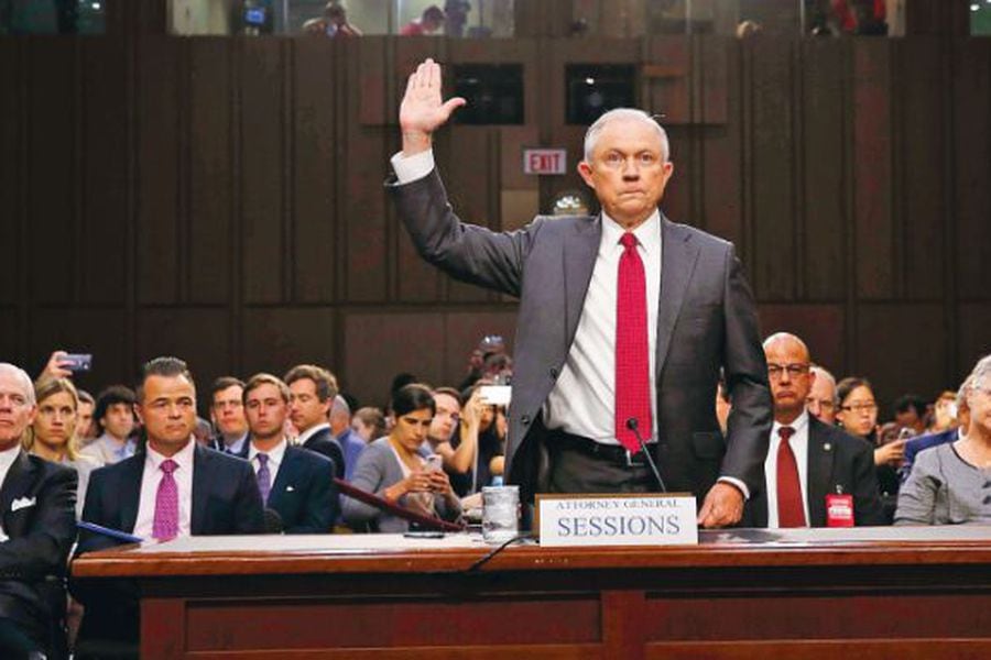 U.S. Attorney General Sessions is sworn in before a Senate Intelligence Committee hearing on Capitol Hill in Washington
