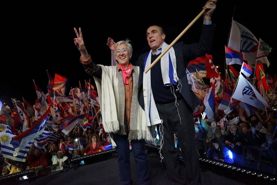 Uruguay's presidential candidate Daniel Martinez and his Vice President candidate Graciela Villar, both of Frente Amplio, attend their closing campaign rally ahead of Sunday's presidential election, in Montevideo
