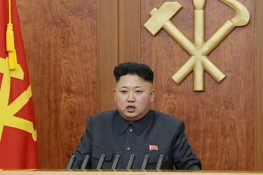 North Korean leader Kim delivers a speech during his New Year address in this undated photo released by Kyodo