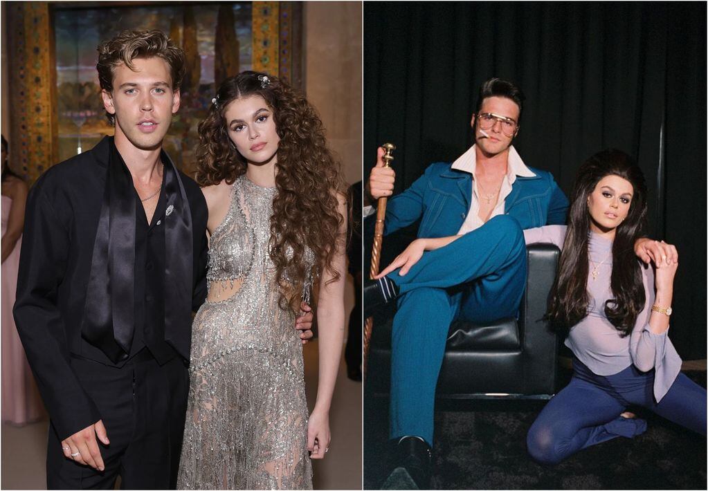 Kaia Gerber y Austin Butler en la premiere de Elvis.  Kaia Gerber y Jacob Elordi en Halloween de 2020.