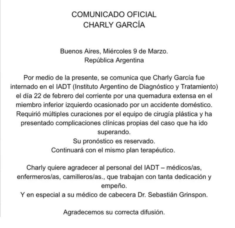 Charly García, comunicado oficial
