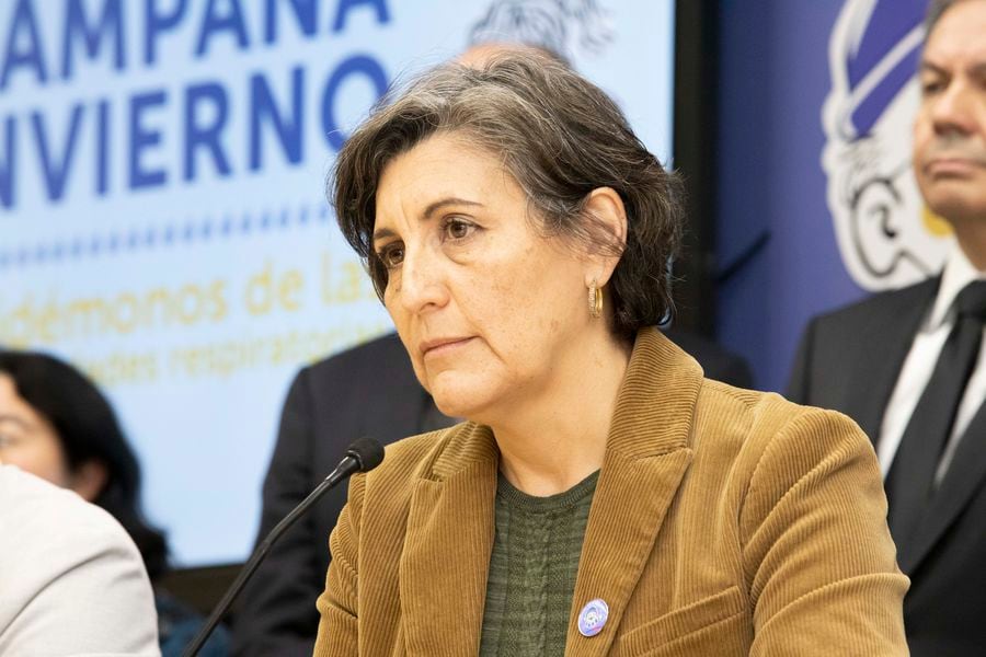 La ministra de Salud, Ximena Aguilera, en un punto de prensa en la sede de la cartera tras realizar un segundo encuentro con especialistas para analizar la circulación de virus respiratorios y las medidas adoptadas en el marco de la Campaña de Invierno 2023.