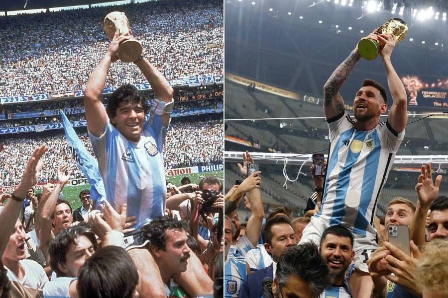 Las imágenes idénticas de Maradona y Messi con la Copa del Mundo.