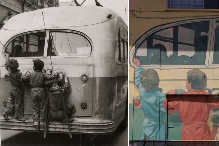 A la izquierda, fotografía tomada en Santiago, en 1954. A la derecha, parte del mural que desarrolla la Municipalidad de Valparaíso en la Plaza Aníbal Pinto. Créditos: Museo Histórico Nacional y Municipalidad de Valparaíso (Facebook).