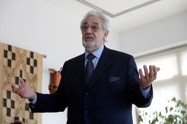 FILE PHOTO: Opera singer Placido Domingo speaks during an event at the Manhattan School of Music in New York