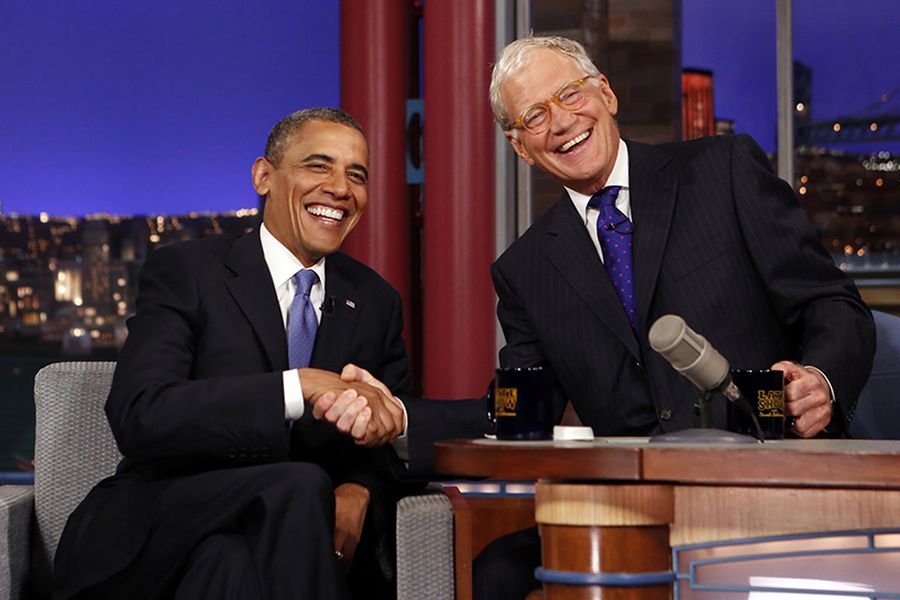 File photo of U.S. President Barack Obama with David Letterman on the "Late Show with David Letterman" at the Ed Sullivan Theater in New York City