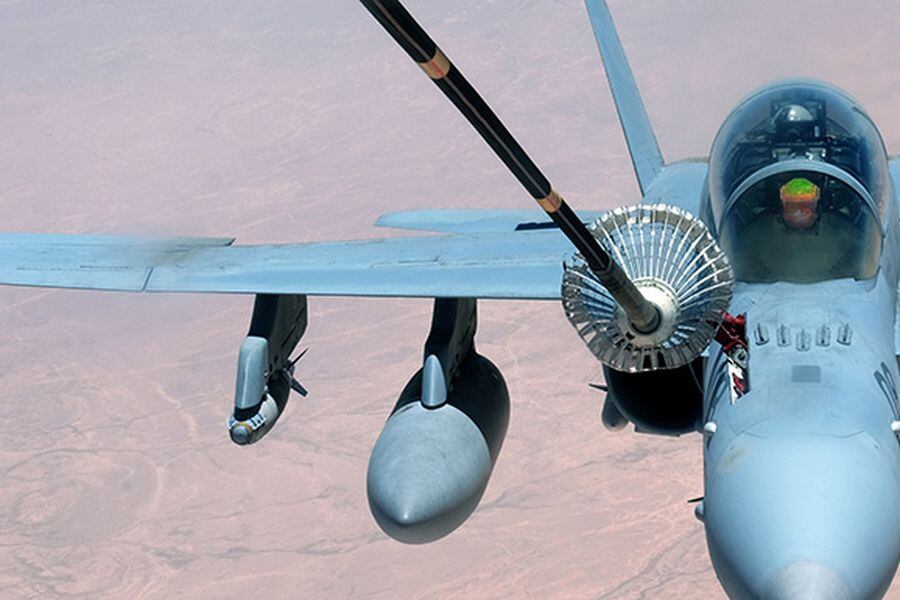 FILE PHOTO: A U.S. Marine Corps F-18 Super Hornet receives fuel