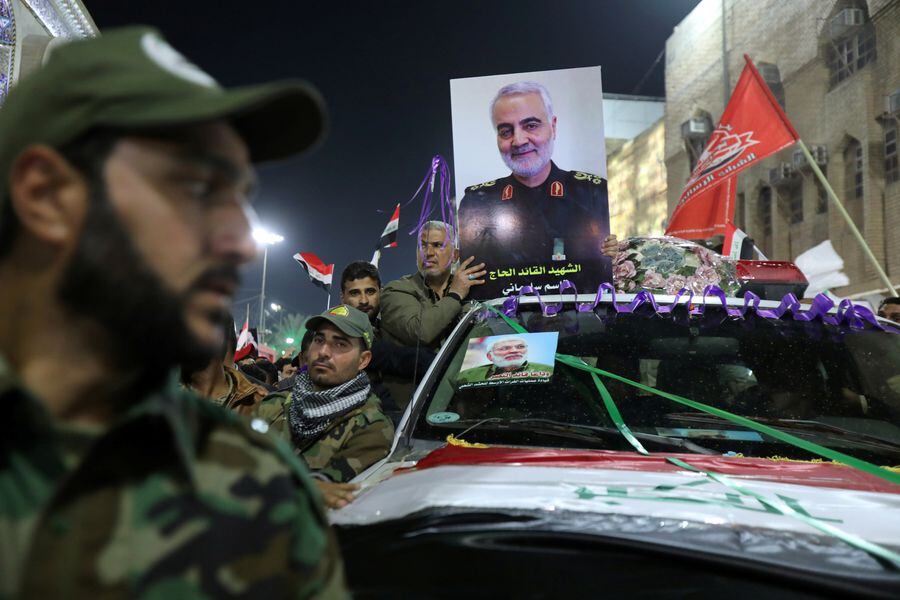 Mourners attend the funeral procession of the Iranian Major-General Qassem Soleimani and Iraqi militia commander Abu Mahdi al-Muhandis in Kerbala