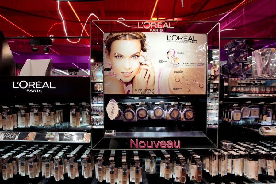 FILE PHOTO: A cosmetic display of French cosmetics group L'Oreal is seen at a Carrefour hypermarket in Nice