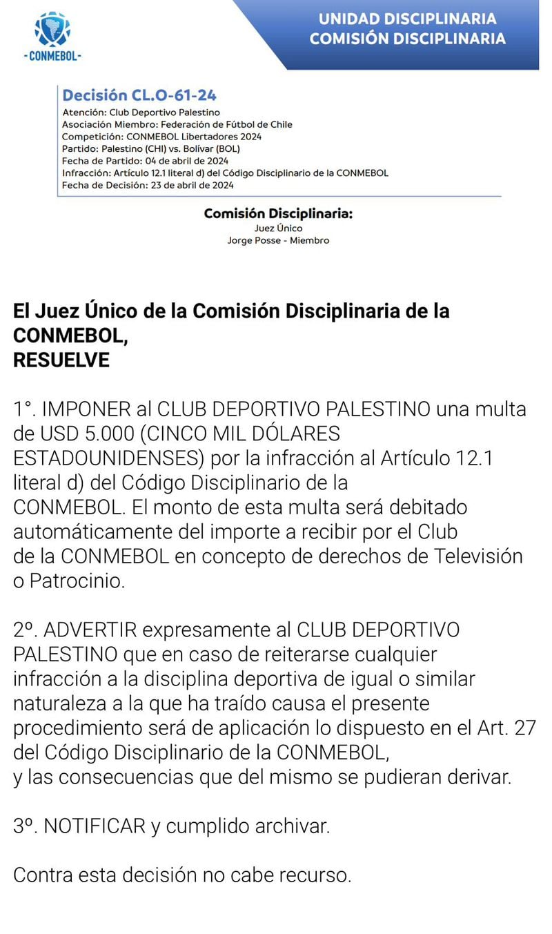 Palestino fue multado con US$ 5.000 en la Copa Libertadores.