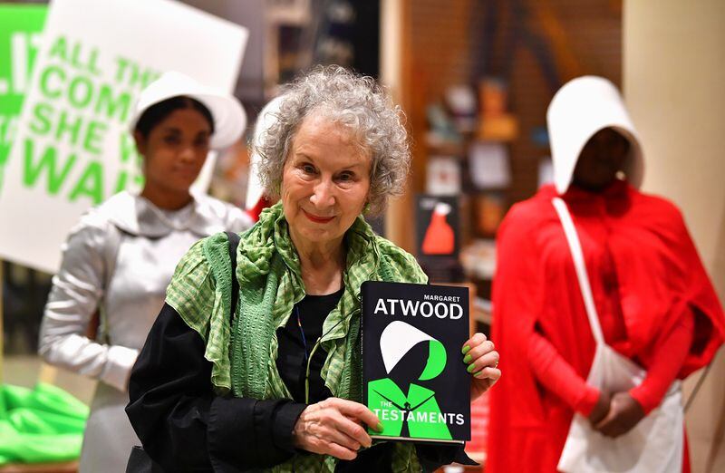 Author Margaret Atwood holds her new novel The Testaments during the launch at a book store in London, Britain