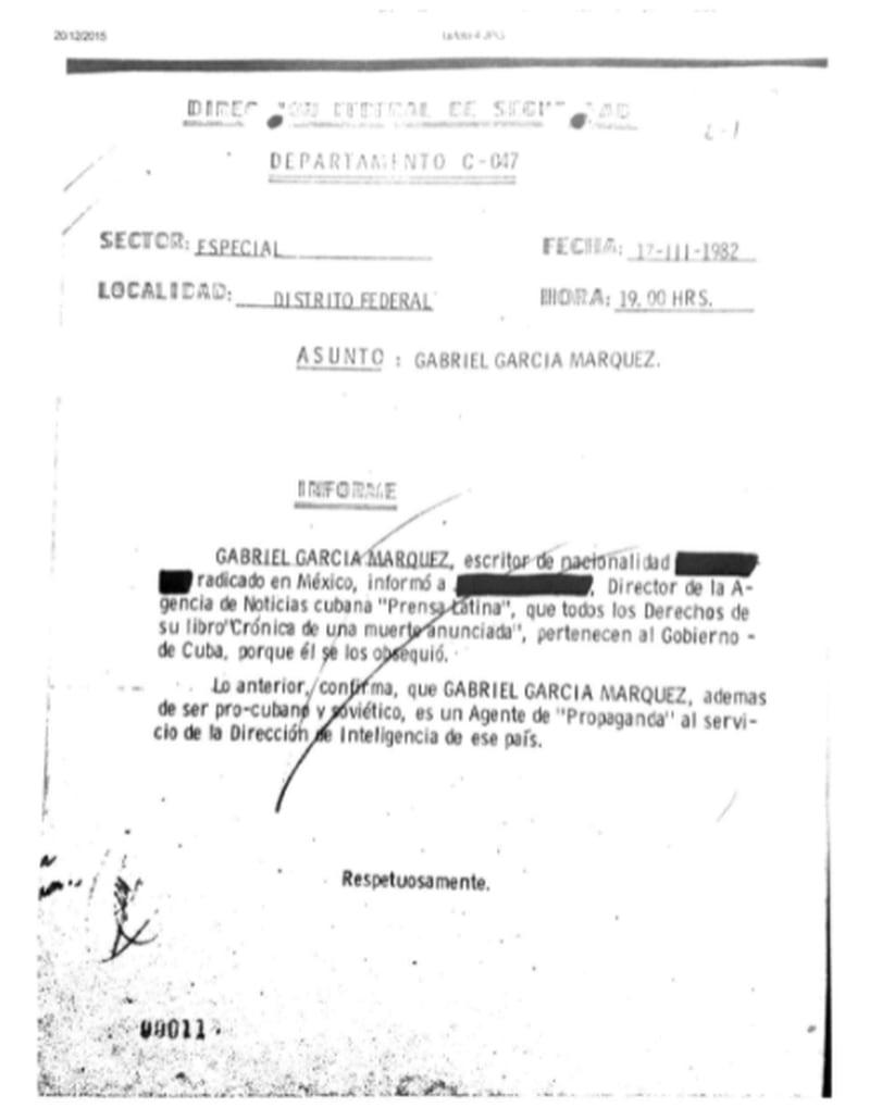 Uno de los archivos que consignan el espionaje de la DNS a García Márquez conseguidos por El País.