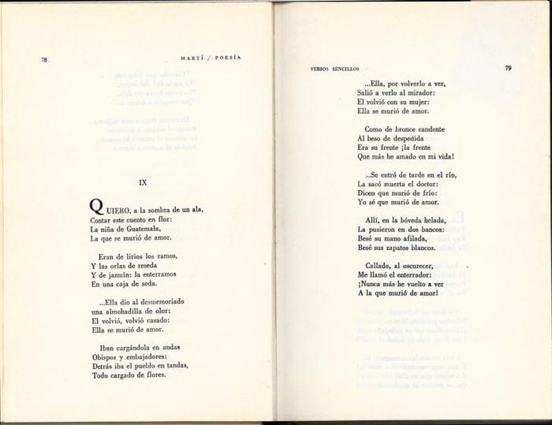 Fotografía del Poema IX, conocido popularmente como La niña de Guatemala, presente en el libro Versos sencillos del cubano José Martí