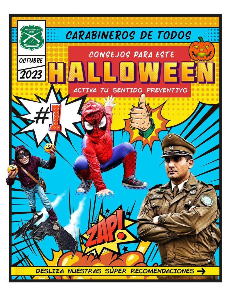 Viñeta de la campaña de Carabineros por Halloween con el Duende Verde Chileno.