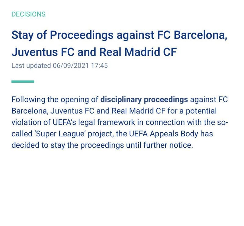 La comunicación de la UEFA respecto de la suspensión del procedimiento.