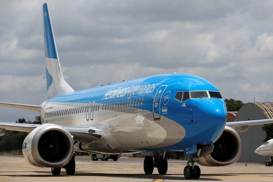 An Aerolineas Argentinas Boeing 737 MAX 8 is seen on the tarmac of Ezeiza Airport, on the outskirts of Buenos Aires