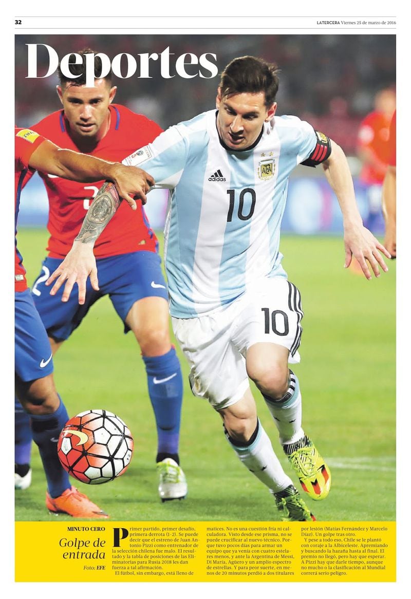La Portada de Deportes en La Tercera, el día después de la derrota de Chile ante Argentina, en el debut de Juan Antonio Pizzi.