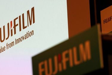 Fujifilm Holdings' logos are pictured ahead of its news conference in Tokyo