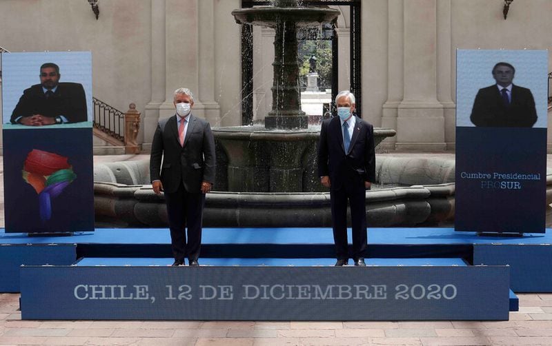 Presidente Sebastián Piñera, junto al Mandatario colombiano, Iván Duque, en Cumbre Prosur que se lleva a cabo en el Palacio de La Moneda.