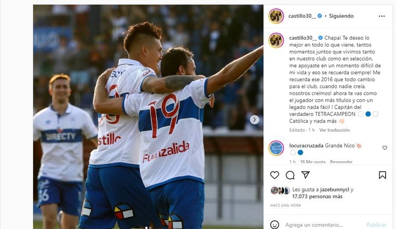 El mensaje que le dedicó Nicolás Castillo a José Pedro Fuenzalida en Instagram.