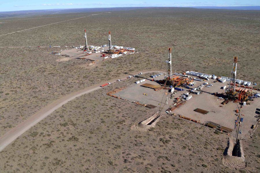 An aerial view is seen of a shale oil drilling rig in the Patagonian province of Neuquen