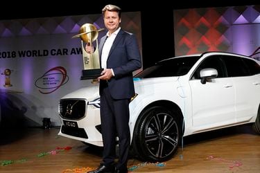 Volvo's Gustafsson accepts award for  at the New York Auto Show in New York
