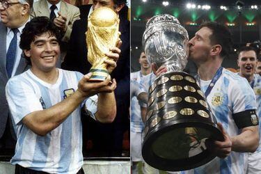 Maradona y Messi con las copas que le dieron a Argentina
