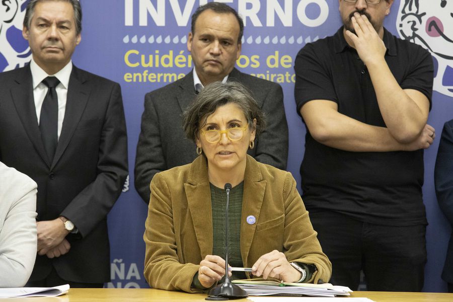 La ministra de Salud, Ximena Aguilera, en un punto de prensa en la sede de la cartera tras realizar un segundo encuentro con especialistas para analizar la circulación de virus respiratorios y las medidas adoptadas en el marco de la Campaña de Invierno 2023.