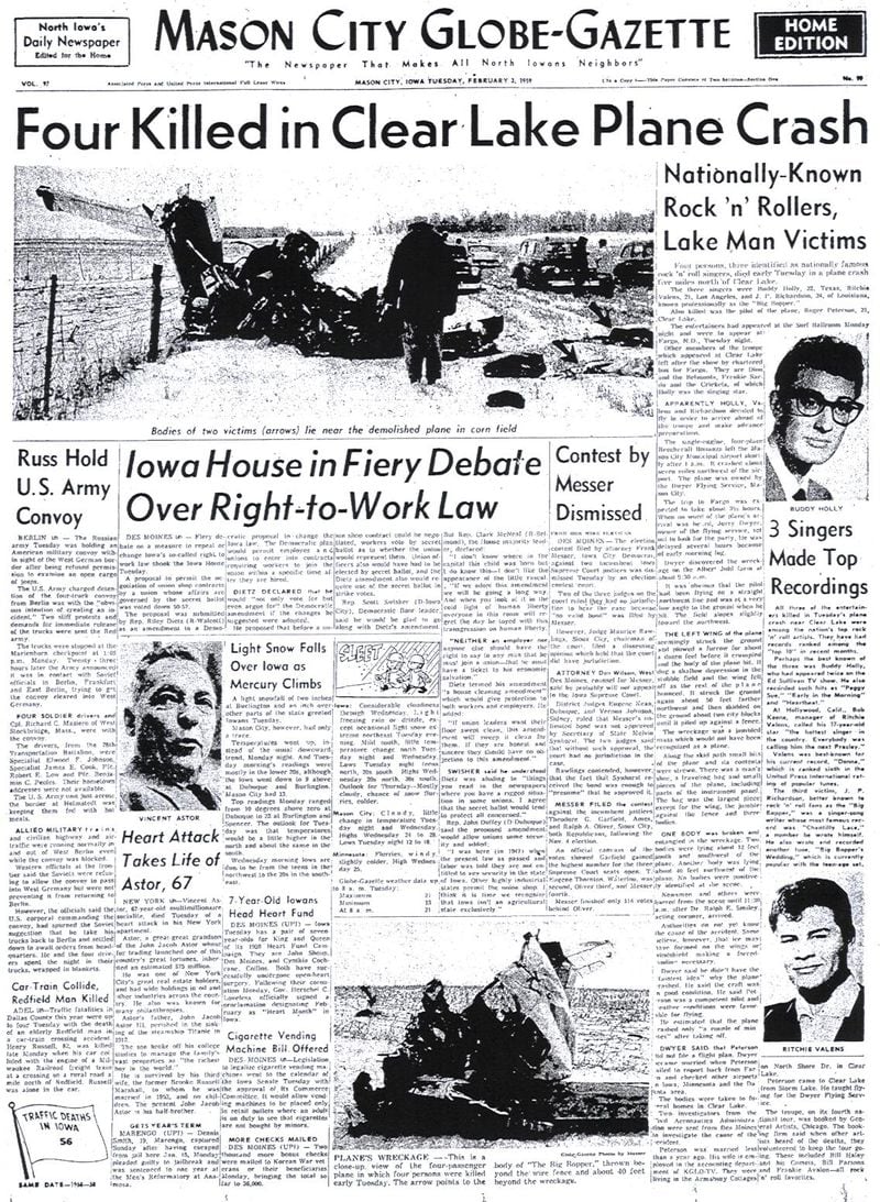 Página del diario que anuncia la muerte de Buddy Holly, Ritchie Valens y The Big Bopper