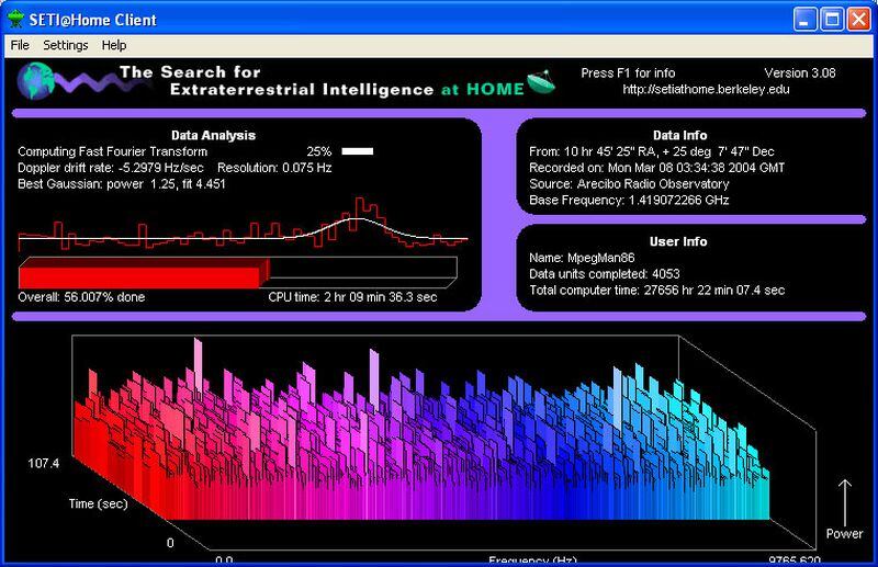 La imagen muestra una típica visualización del programa Seti@Home en su época de esplendor, a inicios de los 2000.