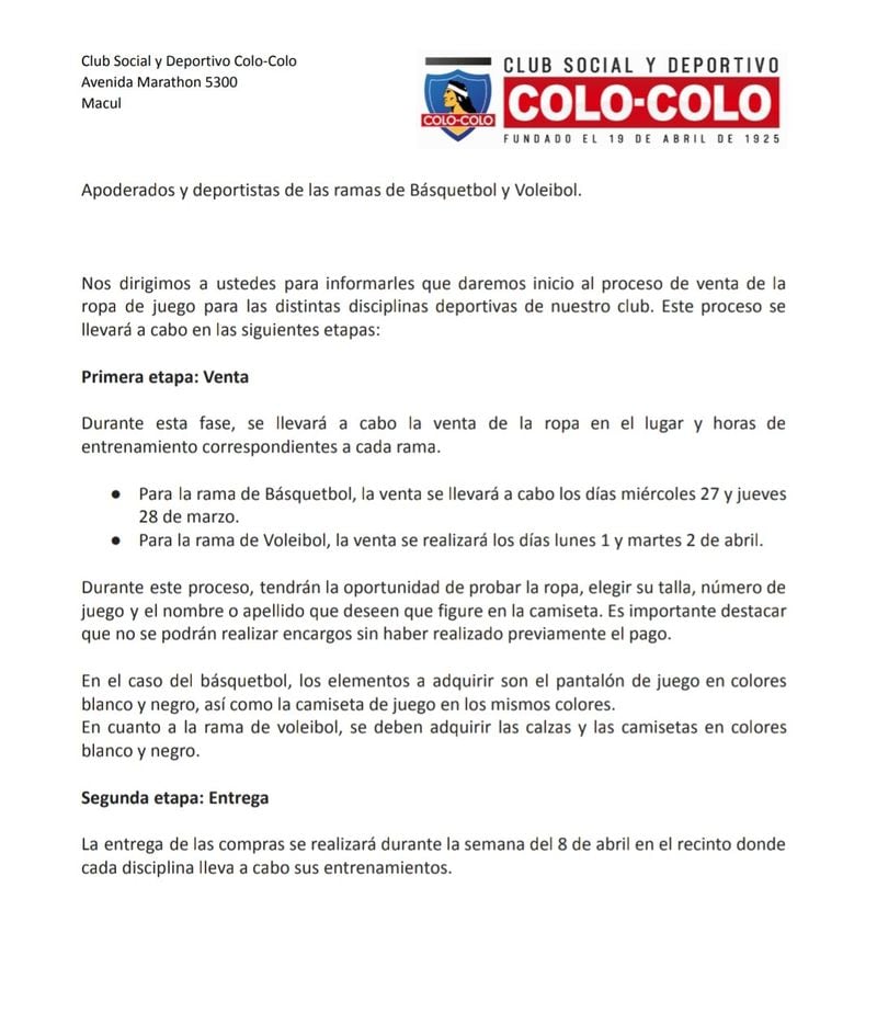 El comunicado que informa de la venta de ropa de Colo Colo.