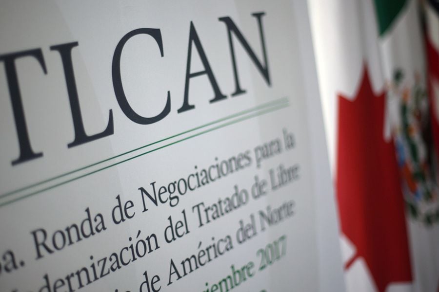 A NAFTA banner is seen during the fifth round of NAFTA talks in Mexico City