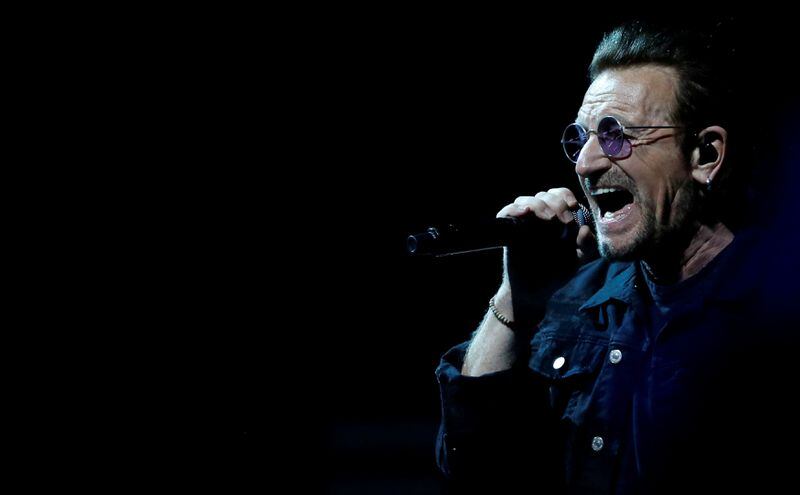 FILE PHOTO: Bono of U2 performs during the band's "Experience + Innocence" tour at The Forum in Inglewood