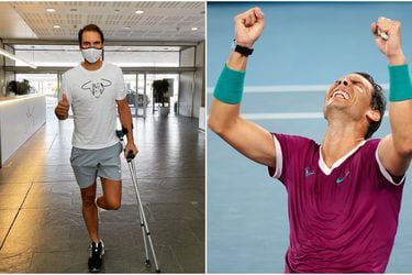 A la izquierda, Nadal, tras ser operado en 2021 por una enfermedad en el pie. A la derecha, en enero de 2022, tras ganar el Australia Open.