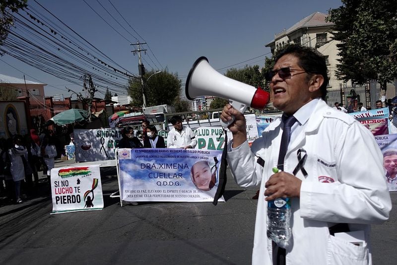 A doctor speaks during a protest after deaths of two doctors, who contracted arenavirus, which causes hemorrhagic fever, in La Paz