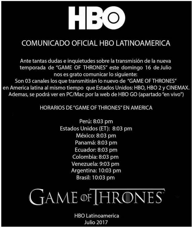 HBO informa a qué hora ver la nueva temporada de Game of Thrones en