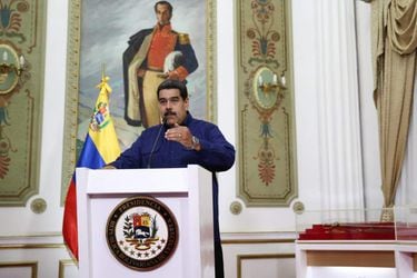 Venezuela's President Nicolas Maduro speaks during a broadcast at Miraflores Palace in Caracas