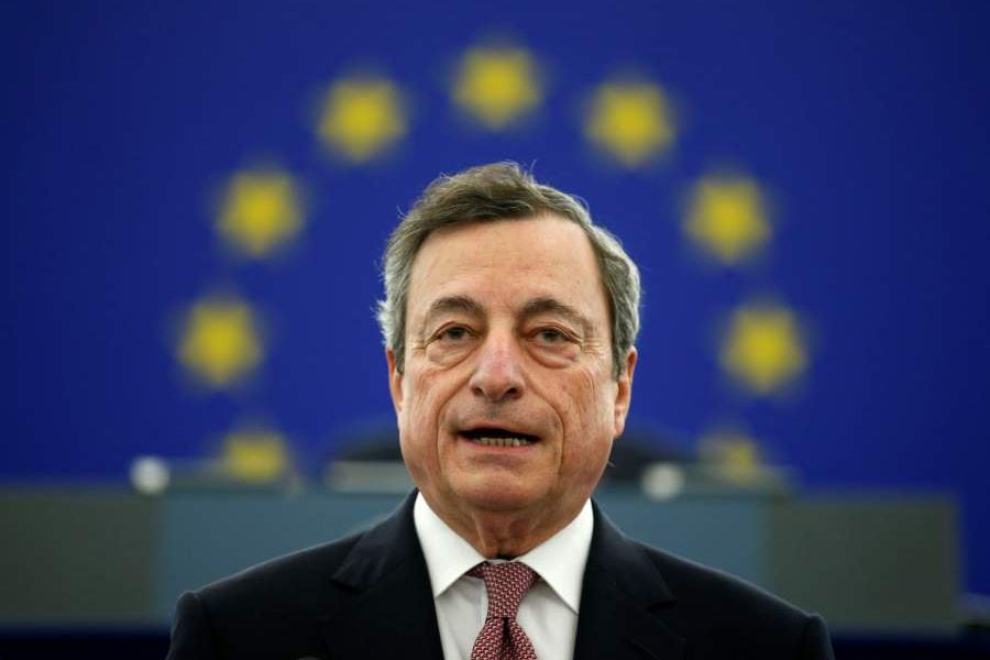 ECB President Draghi delivers a speech during a ceremony to mark the 20th anniversary of the launch of the Euro, at the European Parliament in Strasbourg