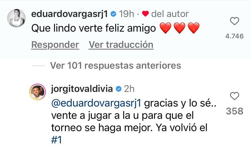 La interacción en Instagram entre Vargas y Valdivia.
