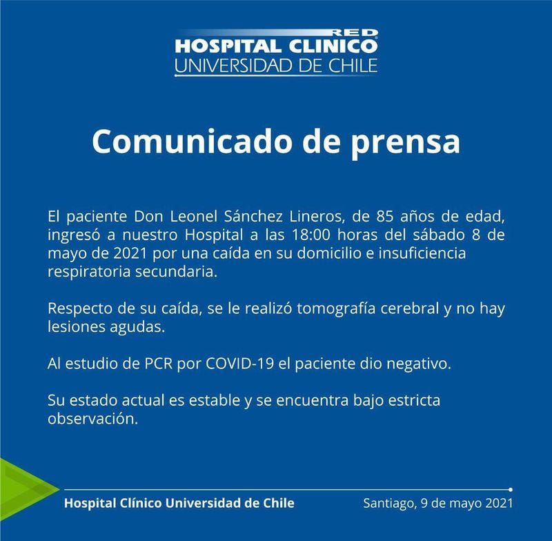 El Hospital Clínico de la U. de Chile informó que Leonel Sánchez se encuentra estable tras una caída y problemas respiratorios.